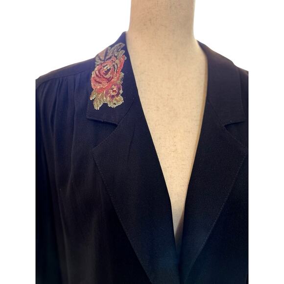 80's Needlepoint Floral Jacket Top Black Low V Neck Size 8 Boho Whimsigoth Gypsy - Picture 3 of 10